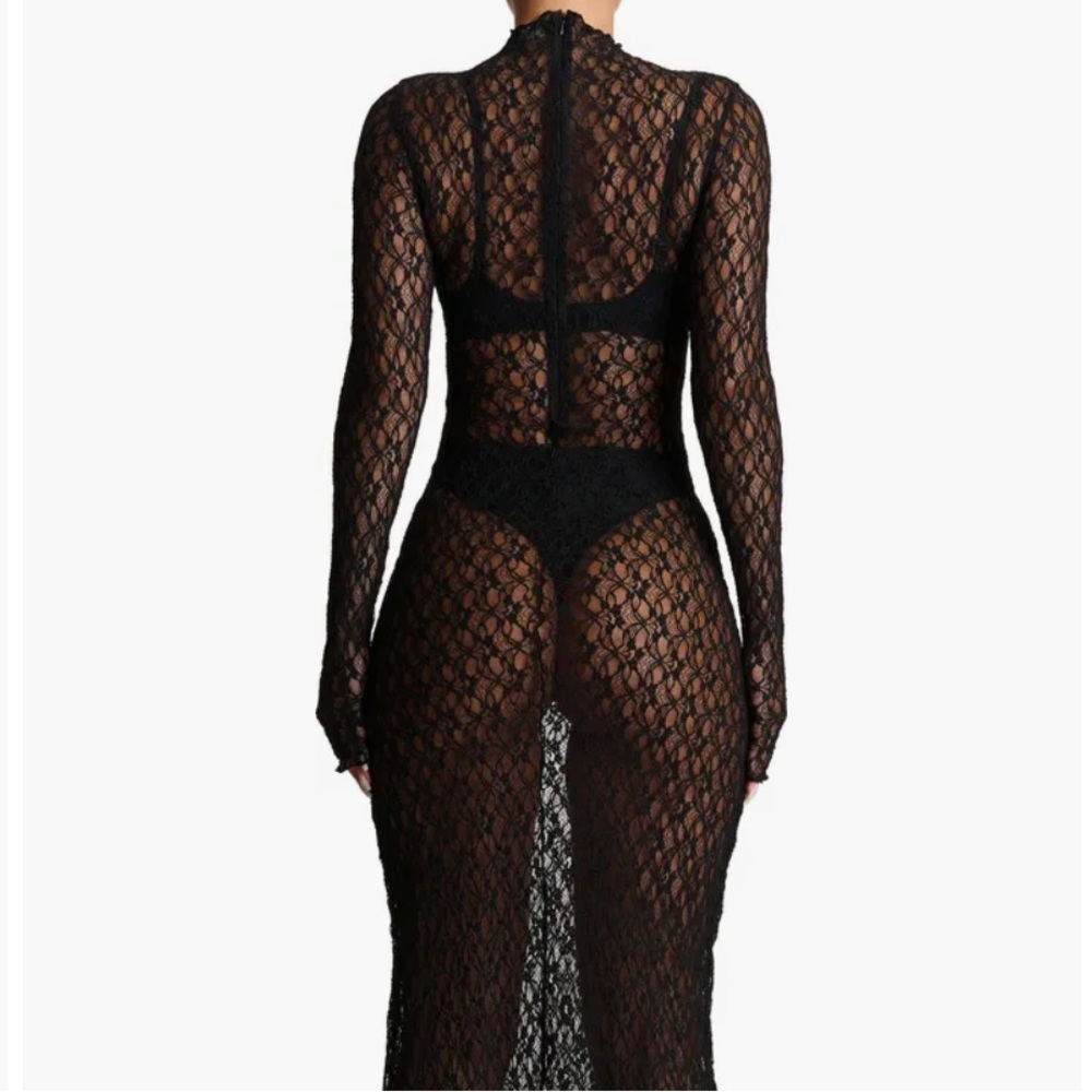 naked wardrobe lace dress Naked Wardrobe Floral Long Sleeve Stretch Lace Turtleneck Maxi Dress in Pink